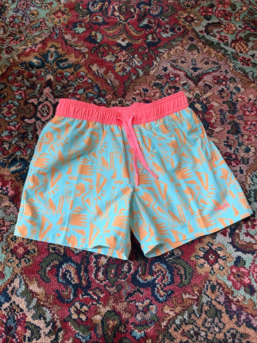 Huk boys turquoise and orange swimtrunks youth small